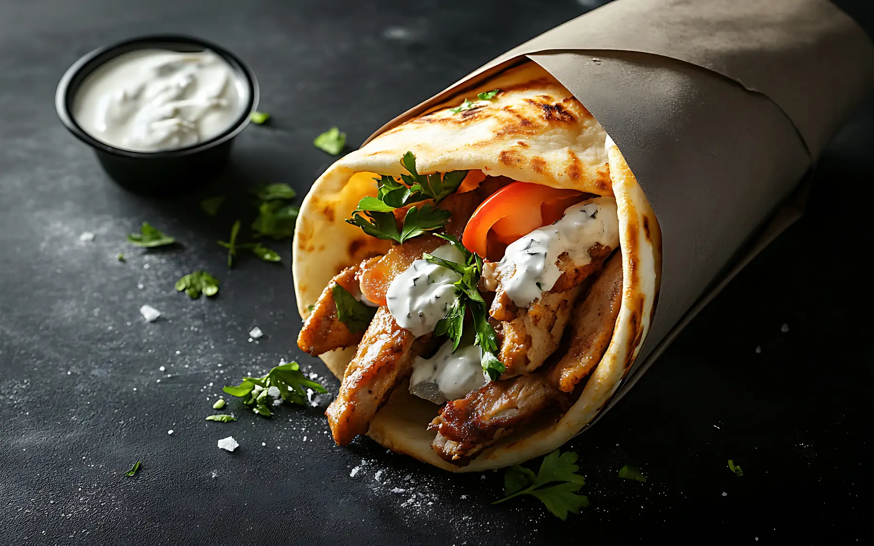 Un durum de gyros sobre pizarra oscura junto a un bol de tzatziki