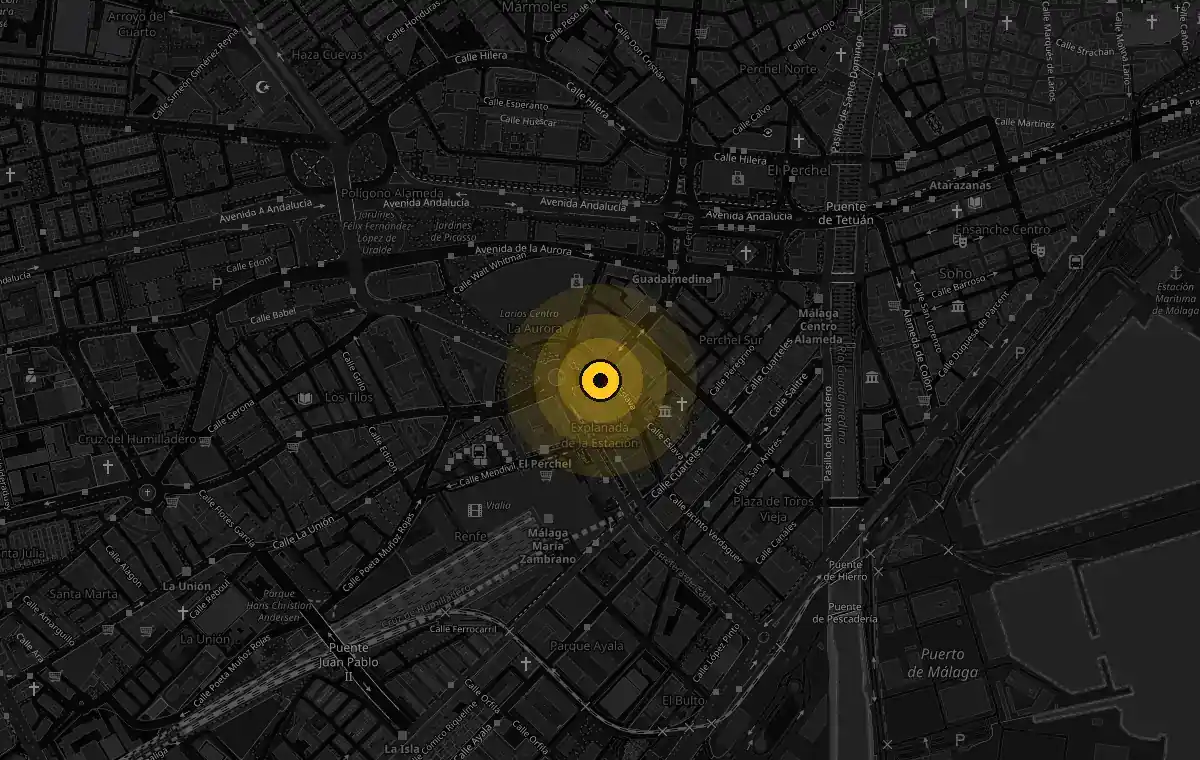 Mapa de Málaga con Gyros Craft señalado en la Plaza de la Solidaridad
